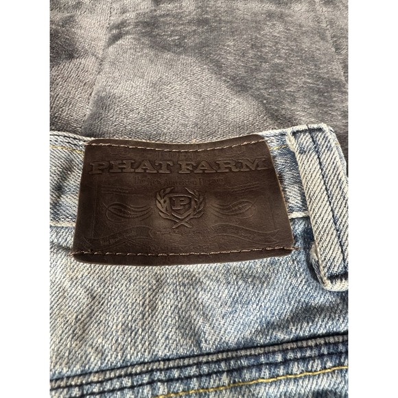 Vtg Phat Farm Shorts Mens 34 Wide Leg Baggy Jean Blue Denim Long Embroidered Y2K - Picture 12 of 13